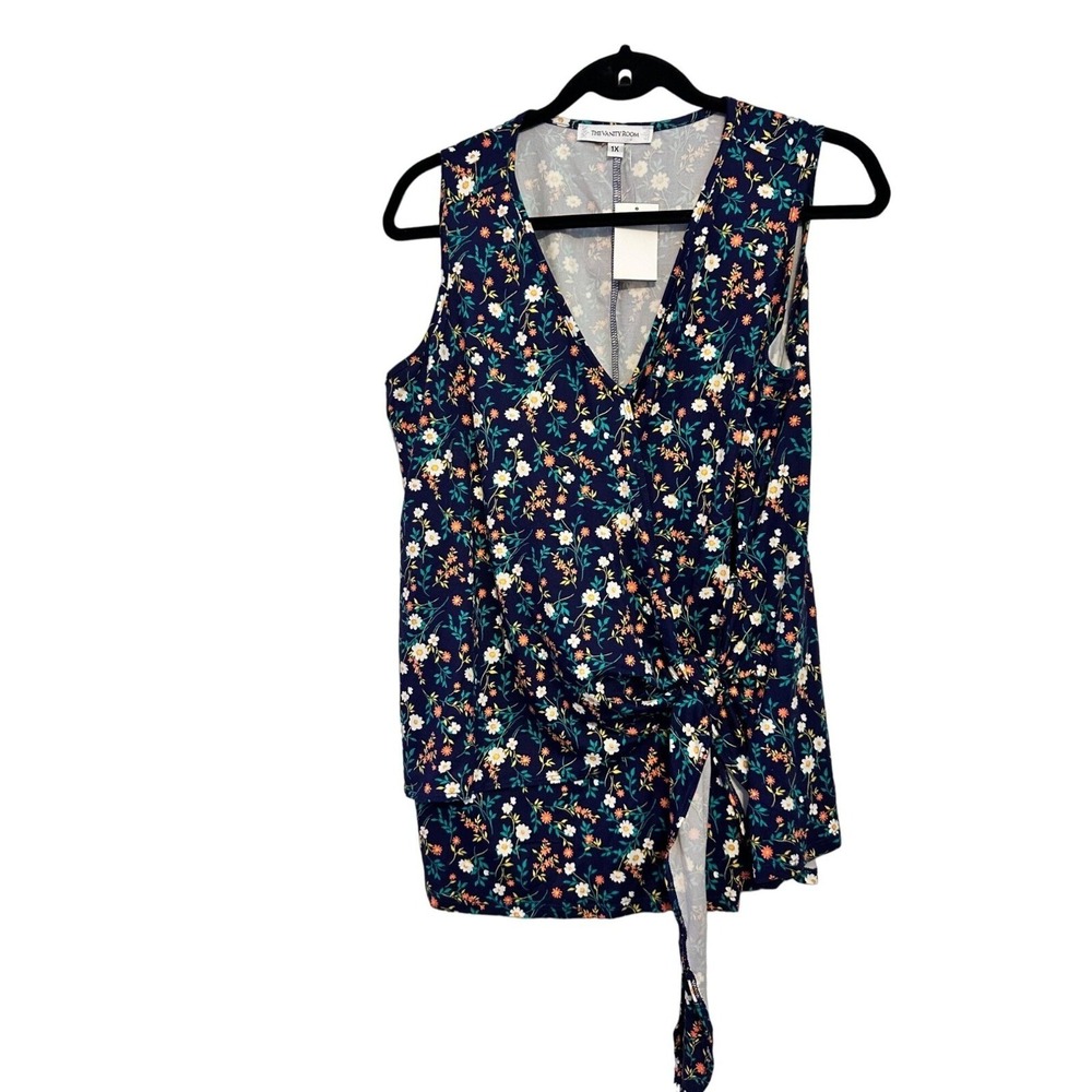 The Vanity Room Top Floral Navy Blue Side Tie Faux Wrap NWT Cottagecore 1X